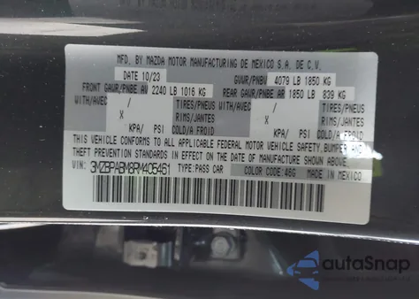 2024 Mazda Mazda3 2.5 S Select Sport из США, поврежденный, VIN 3MZBPABM8RM405461